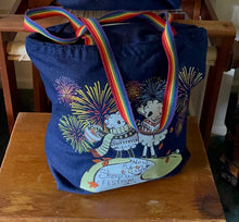 Load image into Gallery viewer, 1 Tote Bag 2026 ZipperTop, Denim, 1” Rainbow Handles, 2 Outside Pockets, Inside hanging pocket