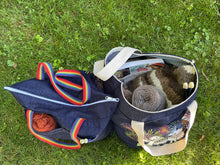 Load image into Gallery viewer, 1 Tote Bag 2026 ZipperTop, Denim, 1” Rainbow Handles, 2 Outside Pockets, Inside hanging pocket