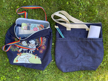 Load image into Gallery viewer, 1 Tote Bag 2026 ZipperTop, Denim, 1” Rainbow Handles, 2 Outside Pockets, Inside hanging pocket
