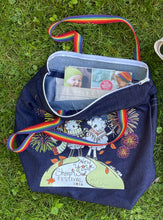 Load image into Gallery viewer, 1 Tote Bag 2026 ZipperTop, Denim, 1” Rainbow Handles, 2 Outside Pockets, Inside hanging pocket
