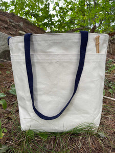 Tote Bag 2023 ZipperTop Med Groc, Blue Handles, 2 Outside Pockets, Inside hanging pockets
