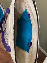 Load image into Gallery viewer, Tote Bag 2023 ZipperTop Med Groc, PURPLE Handles, 2 Outside Pockets, Inside hanging pockets
