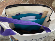 Load image into Gallery viewer, Tote Bag 2023 ZipperTop Med Groc, PURPLE Handles, 2 Outside Pockets, Inside hanging pockets
