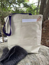 Load image into Gallery viewer, Tote Bag Purple Handles (1) 2023 ps ZipperTop Med Groc, 2 Outside Pockets, Inside hanging pocket
