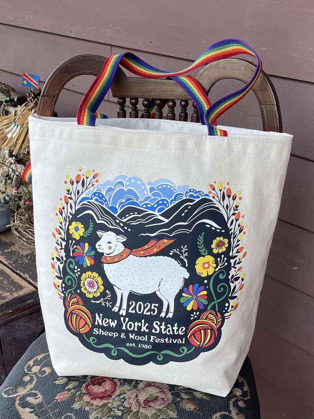 Tote Bag 2025 ZipperTop Med Groc, Rainbow Handles, 2 Outside Pockets, Inside hanging pocket PS
